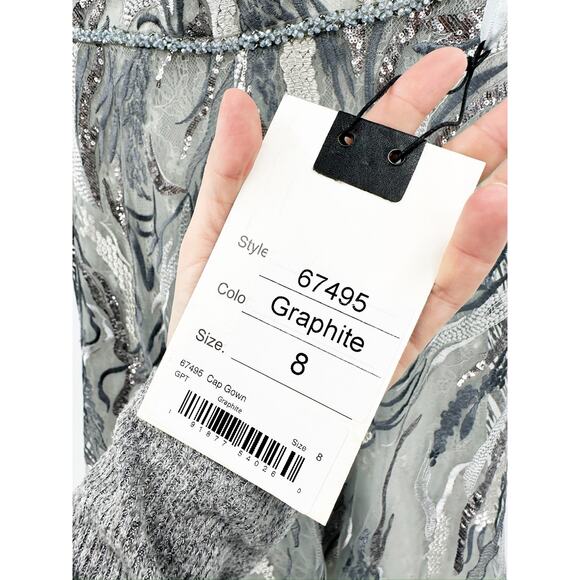 Mac Duggal 67495 Graphite Beaded Jewel Neck Tea Length Dress Size 8 - Picture 3 of 7